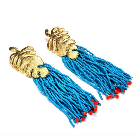 ZARA BLUE TROPICAL LEAF EARRINGS - Picture 1 of 4